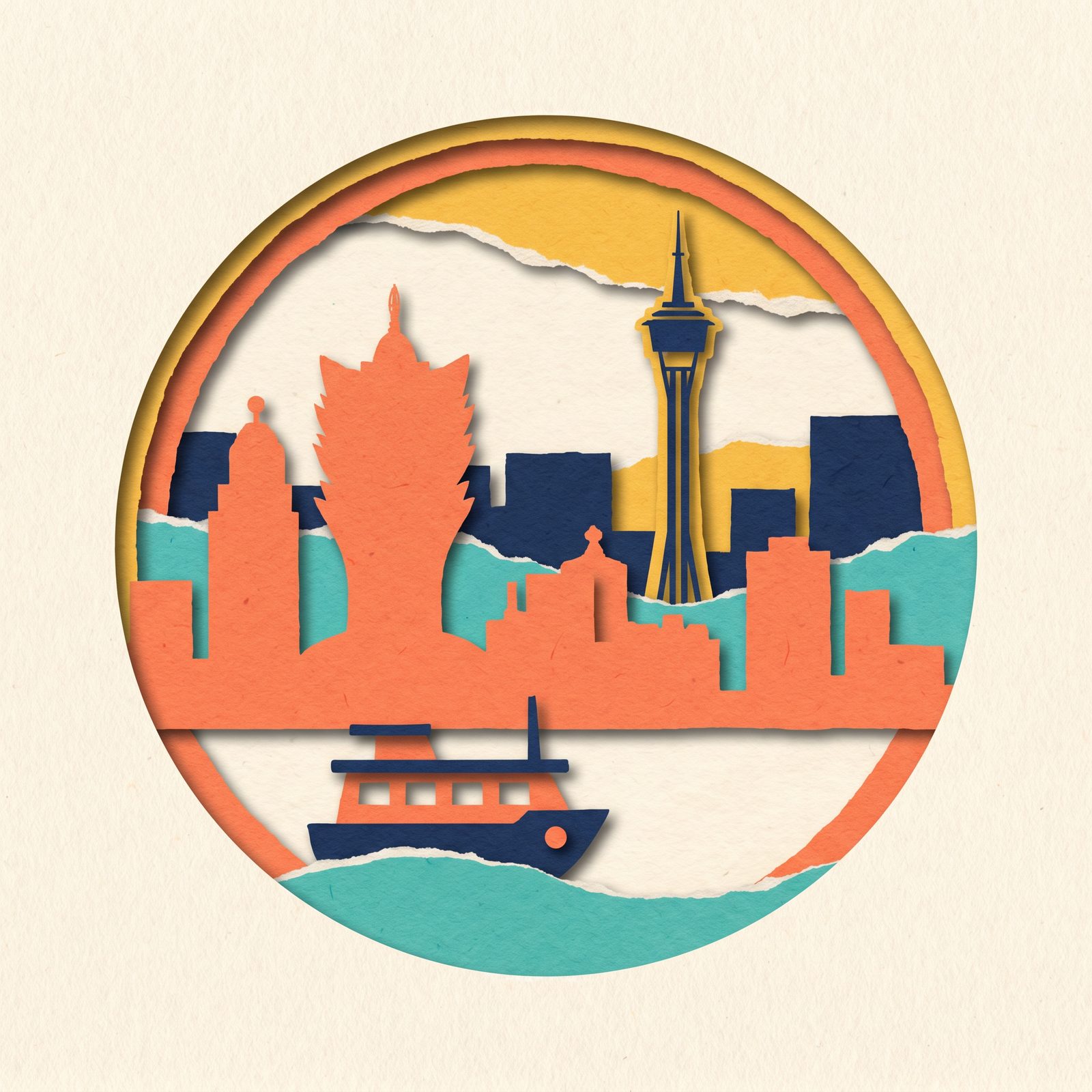 Papercut travel badge illustration for Hong Kong & Macau