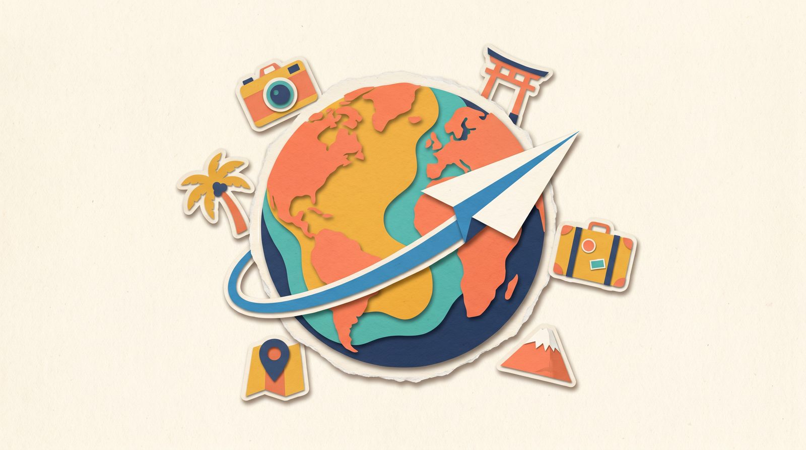 Colourful papercut illustration of a globe with a paper airplane looping around it, surrounded by travel icons: camera, suitcase, palm tree, torii gate, and mountain