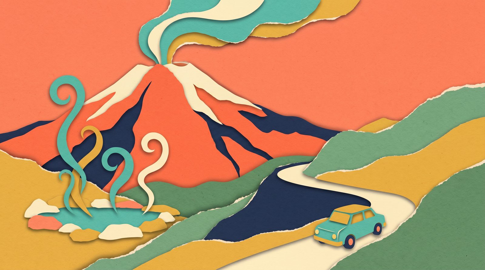 Papercut travel illustration for Kyushu Fly-Drive