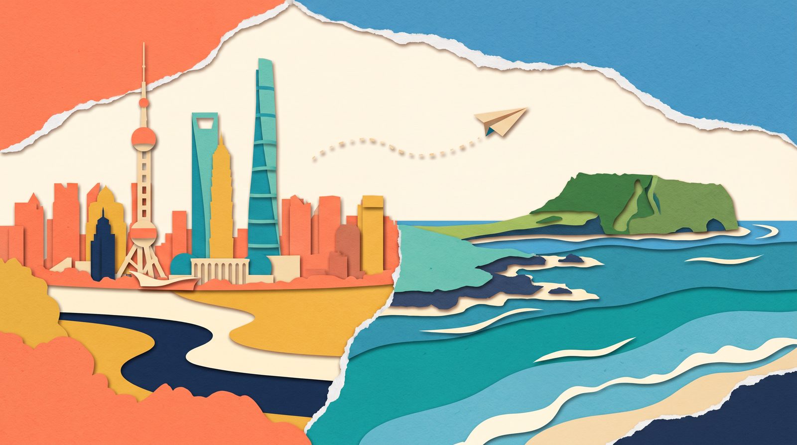 Papercut travel illustration for Shanghai & Jeju Combined Trip